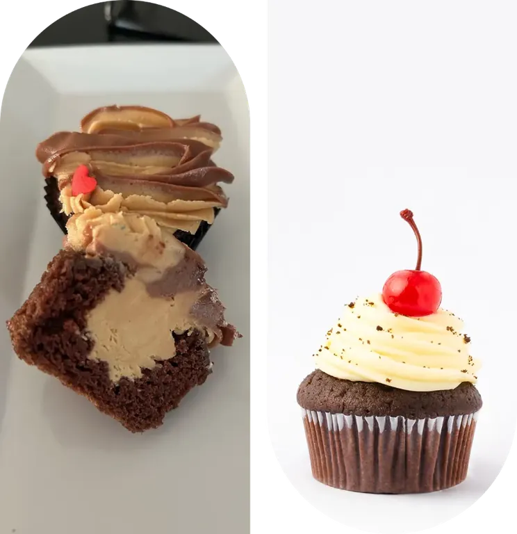 Two chocolate cupcakes with frosting and cherry.
