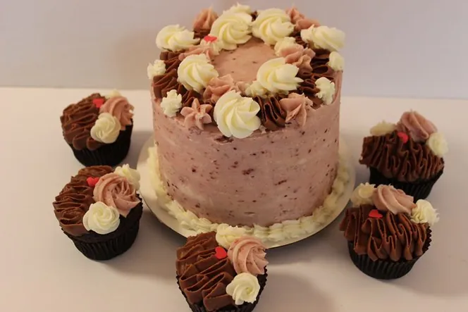 The Midnight Raspberry cake and cupcakes
